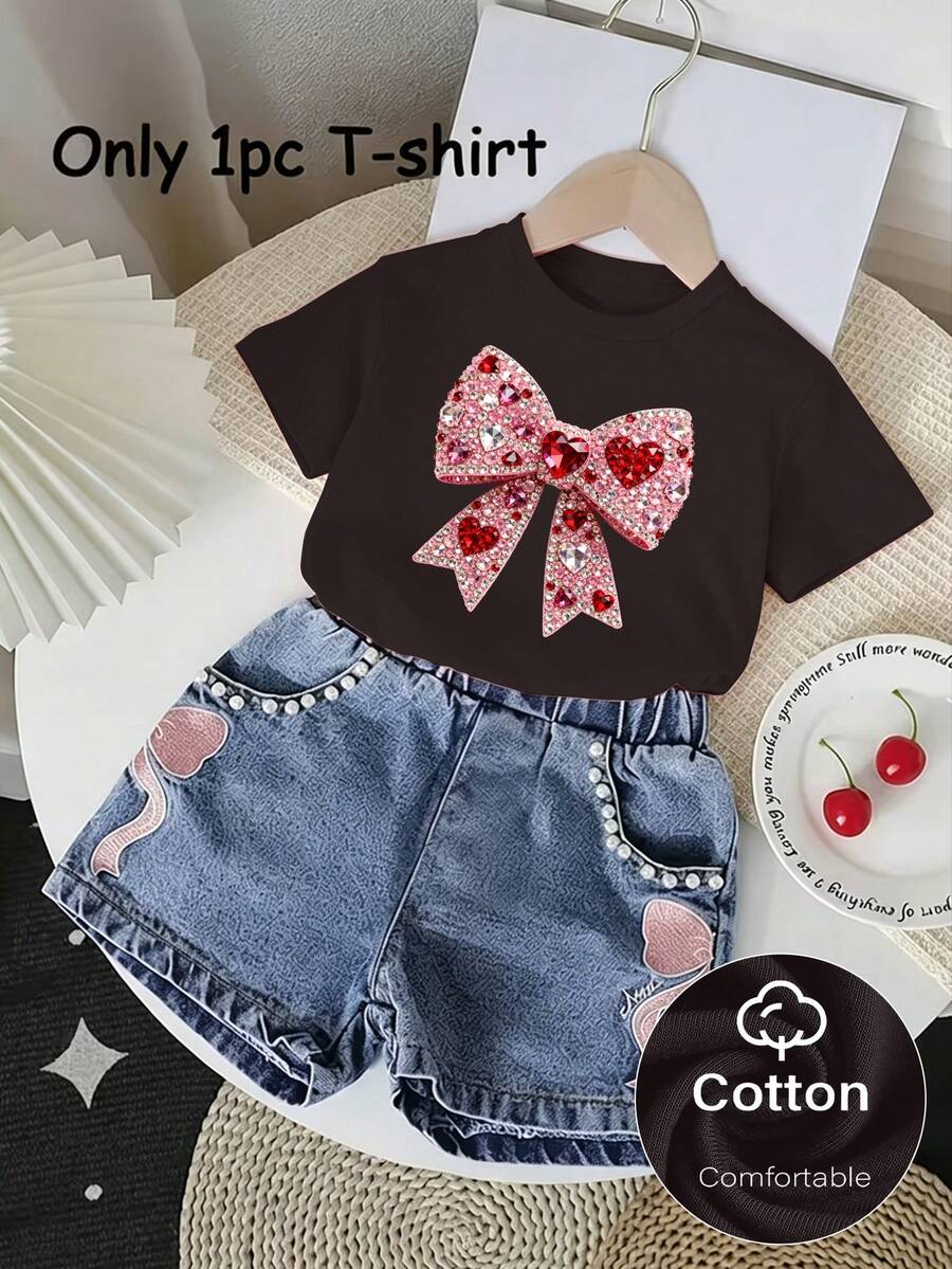 Spring Summer Autumn Girls Toddler Fashion Creative Refreshing Glitter Pink Bow Shape Pattern Print Casual Basic Short Sleeve T-Shirt - Black - View 1