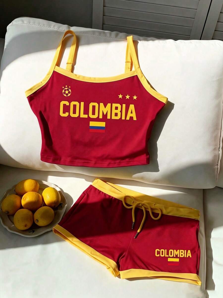 Comfortcana 女款字母與國旗印花細肩帶上衣與短褲休閒日常套裝 - 彩色 - 查看 1
