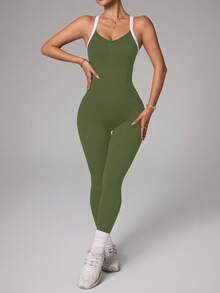 SHEIN Dewbera 女款無縫交叉肩帶拼色跑步運動連身褲 - 綠色 - 查看 8