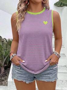 EMERY ROSE Camiseta de tirantes casual versátil de talla grande para mujer, nueva y de exitosa para primavera/verano, con estampado de rayas y patrón de corazones pequeños - Multicolor - Ver 3