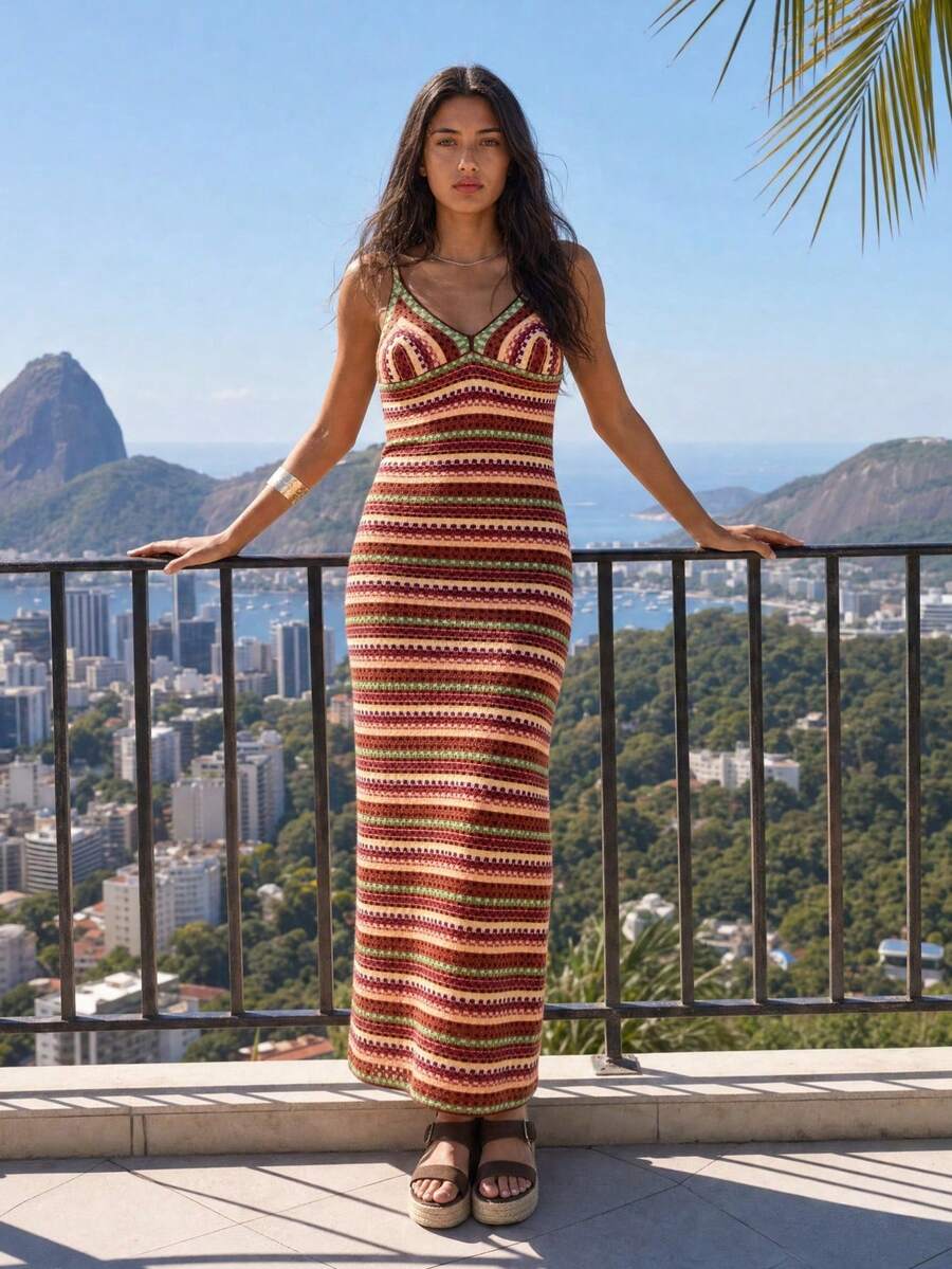 Nöista Colorful Crhet Striped Halter-Neck Maxi Dress With A Fitted Silhouette And Hand-Knitted Stripes, Perfect For Summery Bohemian Or Retro Vacation Look - Red - View 1