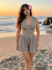 SHEIN MOD Plus Size Women Striped V-Neck Sleeveless Jumpsuit  Women Vacation  Beach Outfit Going Out Summer - Multicolor - View 2