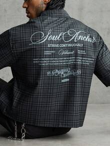 AXEPEAK Men's Summer Casual Plaid Slogan Print Shirt - Black - View 6