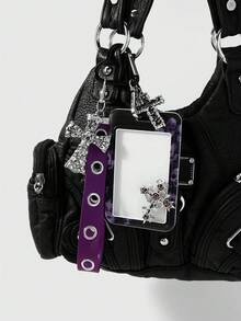 ROMWE Goth 1個龐克哥德風紫色手工串珠骷髏玫瑰十字架幽靈嬰兒壓克力卡套DIY愛心鑰匙圈包包吊飾，女性佩戴節日禮物 - 紫色-12 - 查看 2