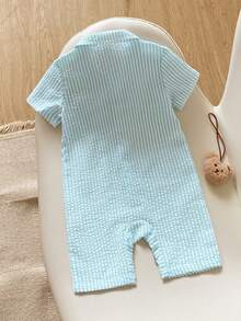 SHEIN Barboteuse pour bébé garçon à manches courtes avec col, imprimé animal mignon, couleur abricot, ouverture devant, barboteuse d'été à col, convient pour le printemps et l'été, convient de 3M à 24M - Vert menthe - Voir 2