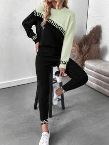 SHEIN LUNE 2件套女士撞色拼布毛衣和针织裤套装 - 綠色 - 查看 7