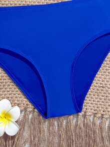 SHEIN Conjunto de traje de baño de dos piezas para niña preadolescente con top tankini de unicolor con decoración de estrella de mar y volantes y Bottom de bikini triangular, adecuado para vacaciones de verano y playa - azul real - Ver 3