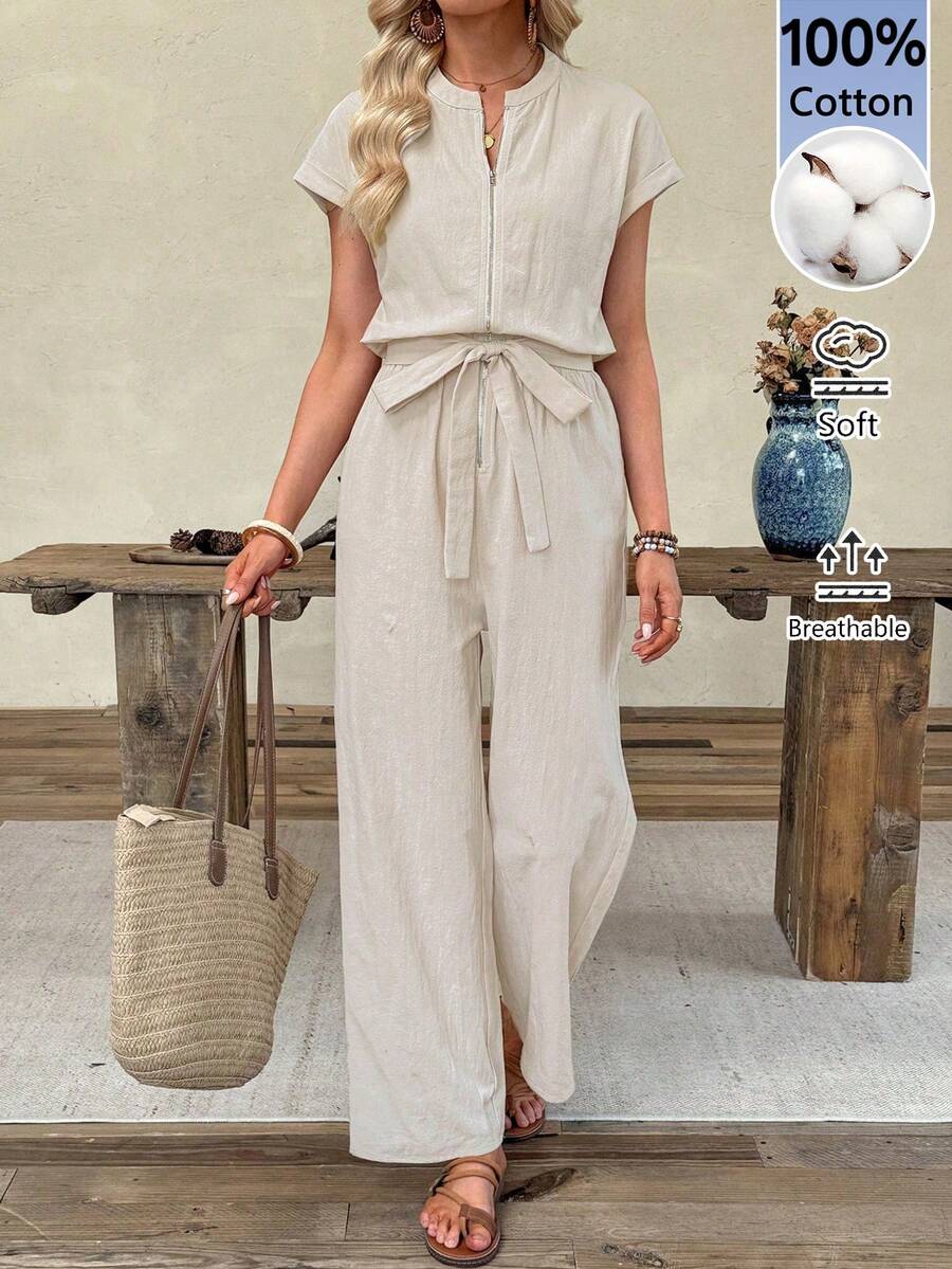 EMERY ROSE Jumpsuit Kasual Wanita Warna Polos dengan Resleting Depan dan Tali Pinggang - Khaki - View 1