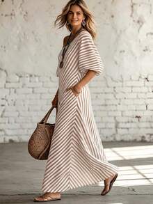 Omancia Women's Elegant Fashionable Commuter Vintage Charm Casual Vacation Relaxed Fit Asymmetrical Shoulder Neckline Short Sleeve Black And White Striped Pocket Dress Spring Summer Comfortable Long Dress - Apricot - View 3