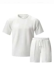 Manfinity Homme 男士紋理兩件套，舒適提花面料，圓領T恤搭配彈性腰抽繩短褲，適合休閒度假、派對、日常辦公、極簡商務，適合個人使用或送禮 - 白色 - 查看 4