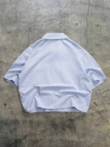 GALLERY FADE 男士刺繡條紋時尚口袋單排扣短袖襯衫 - 藍色 - 查看 2