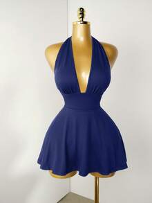 Mistrie Black Tight-Fitting Romper With Deep V-Neck, Backless Strap - Navy Blue - View 4