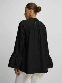 ATUI Studio Women's Stand Up Collar Pleated Loose Shirt With Double-Layer Ruffle Edge Flared Sleeve Design, - Black - View 4