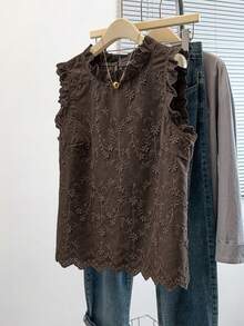 GlowEve CURVE Plus Size Women Comfortable Fitted Embroidered Ruffle Hem Blouse, Casual/Work Wear, Suitable For Daily Outing, Commuting, Dating, Spring & Summer - Brown - View 3
