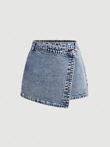 SHEIN Girlism 少女Y2K粉色水洗春假不对称腰部裹身牛仔短裙，夏季 - 中等水洗藍 - 查看 3