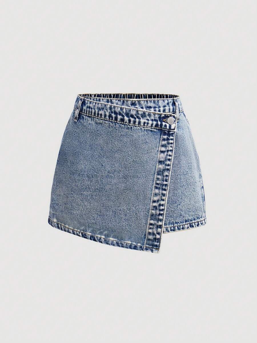 SHEIN Girlism Teen Girl Y2K Pink Stonewashed Spring Break Asymmetric Waist Wrap Denim Skort, Summer - Medium Wash - View 1