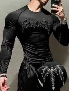 GymBeat Men's Round Neck Letter Print Pleated Slim Fit Versatile Daily Casual Long Sleeve Sport Tee, Gym - Black - View 1