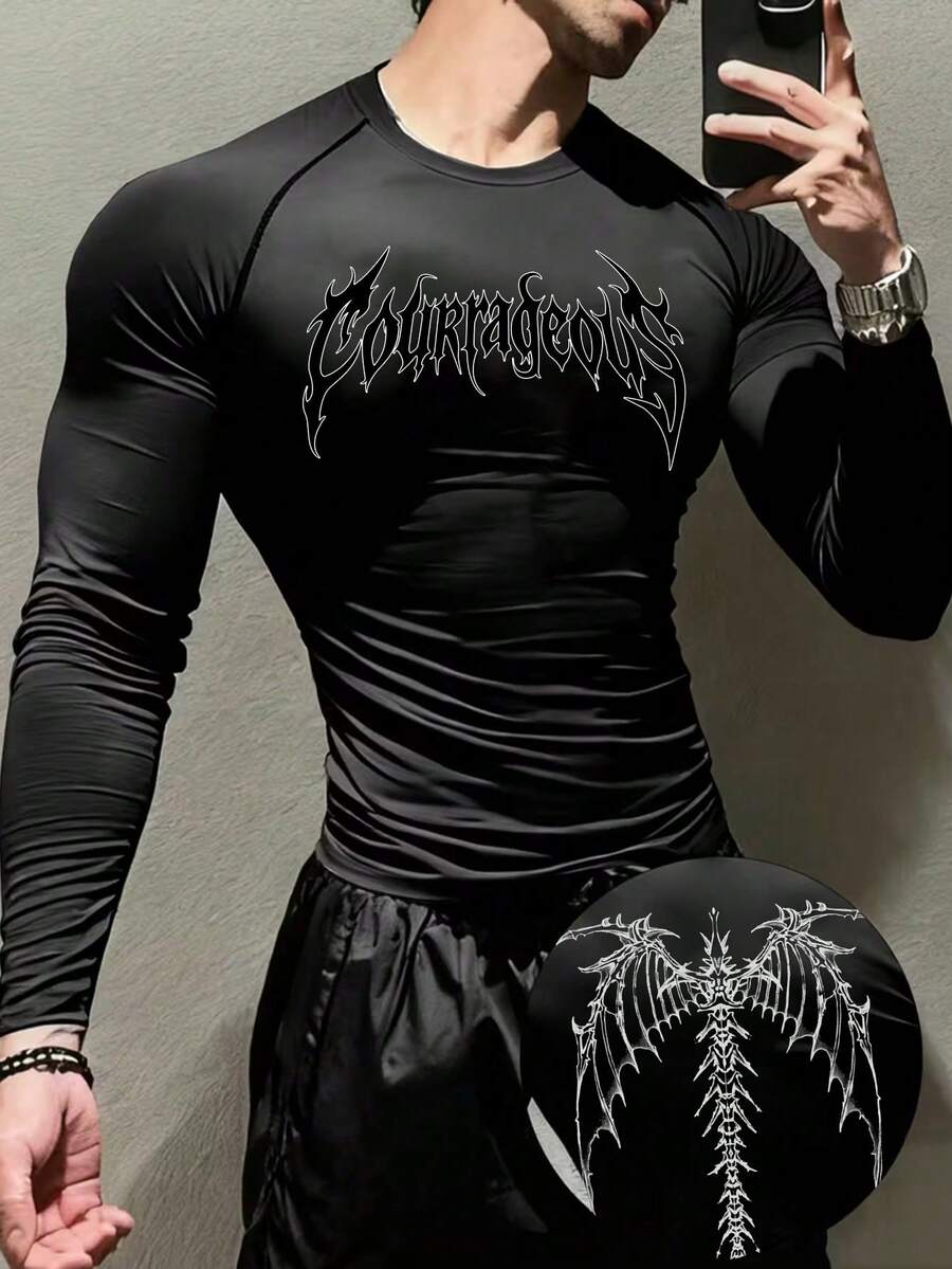GymBeat Men's Round Neck Letter Print Pleated Slim Fit Versatile Daily Casual Long Sleeve Sport Tee, Gym - Black - View 1