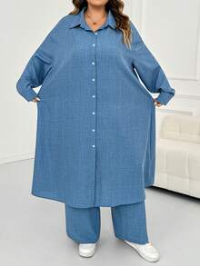 SHEIN CURVE+ 大尺碼女款單排扣素色長袖開襟外套與長褲休閒日常2件套 - 藍色 - 查看 10