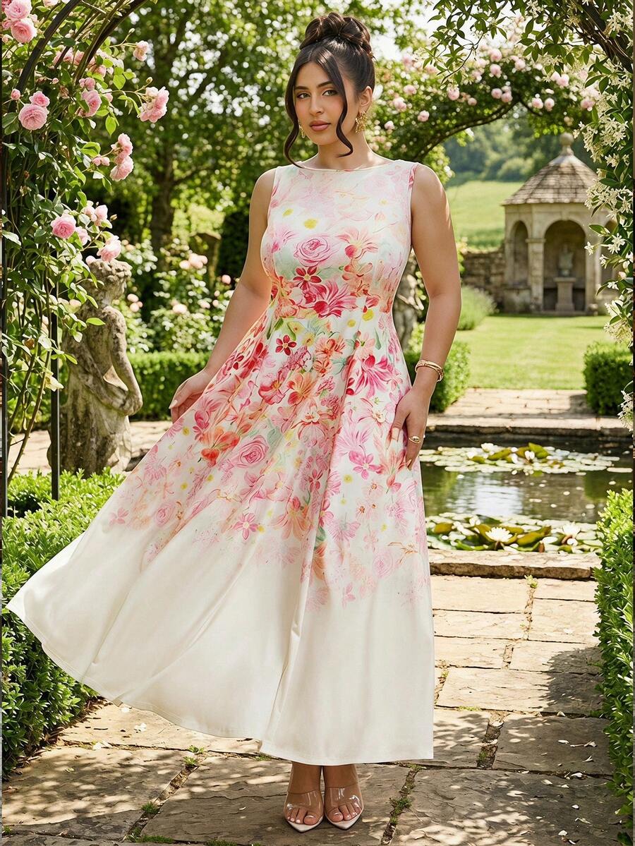 SHEIN BAE Plus Size Round Neck Sleeveless Floral Print Pleated Dress, Elegant Summer