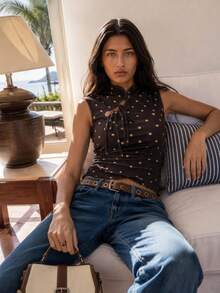 Nöista Polka Dots Fitted Sleeveless Top, Featuring A Mandarin Collar, Side Tie Detail, And Subtle Ruching That Flatters The Silhouette. - Brown - View 2