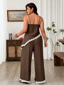 Weeklong Plus Size Camisole Top With Patchwork Lace Trim Asymmetrical Hem + Elastic Waist Wide Leg Straight Pants Contrast Lace Trim Elegant Streetwear Summer - Coffee Brown - View 2