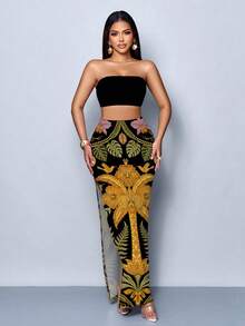 SOLERSUN Women's Solid Color Bandeau Top Plant Print Slit Design Skirt Casual Sexy Tropical Daily Set Beach Vacation Black Green Summer - Multicolor - View 4