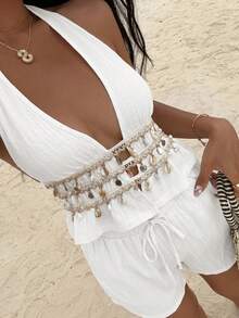 Sunnyshic White Textured Crinkled Fabric Shell Tassel Trim Deep V Halter Tie Backless Top Shorts 2 Pieces Set, Women's Summer Beach Vacation Stroll Tropical Boho - White - View 3