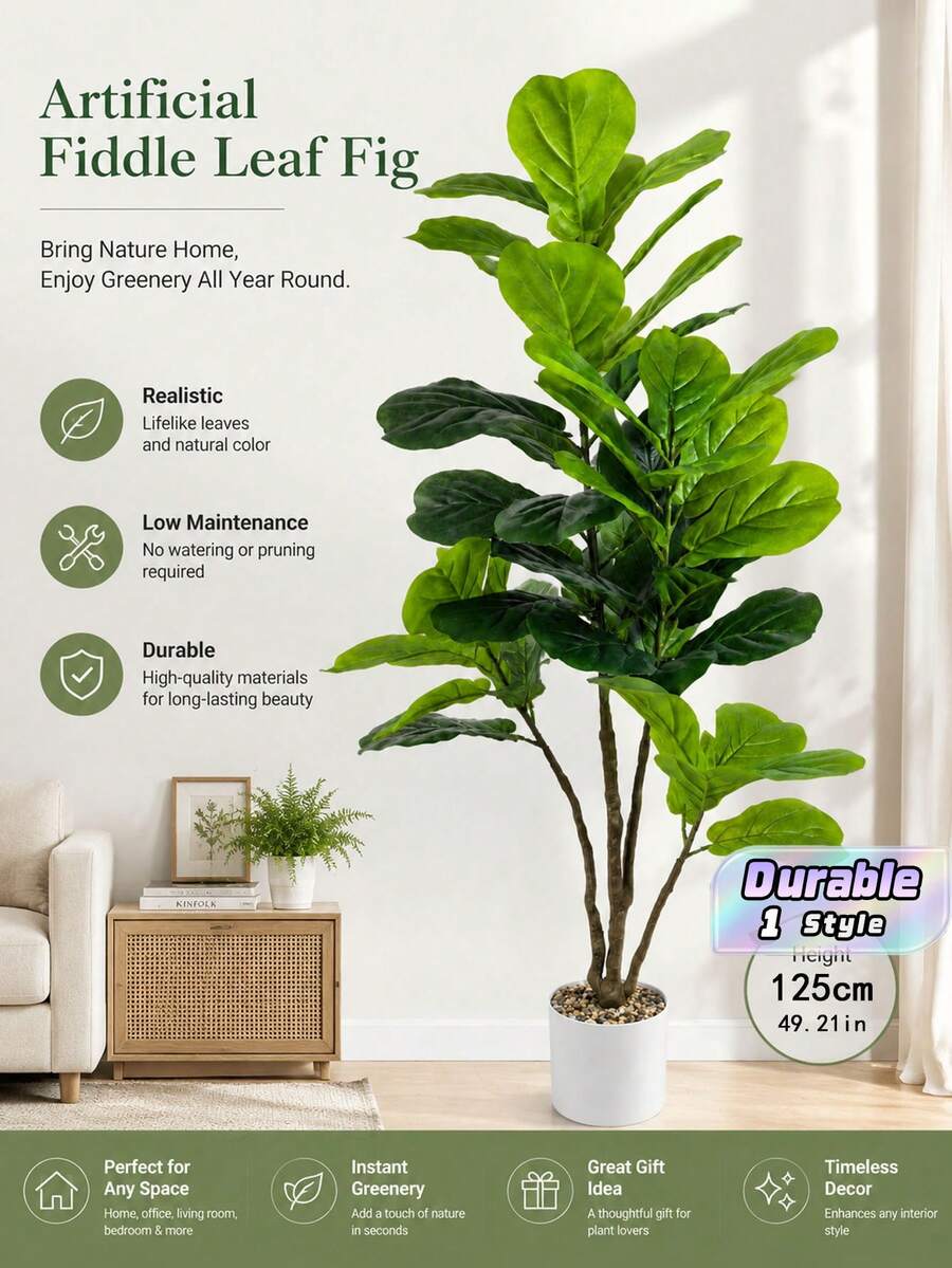 125cm Large Artificial Banyan Tree – Faux Rubber Tree Plant With Plastic Ficus Leaves, Tall Fake Plant For Home Garden Indoor Outdoor Decor - Green - View 1