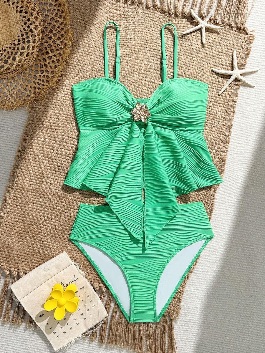 SHEIN 青少年女孩細肩帶比基尼套裝,粉色大花卉印花,2件式泳衣,適合度假,春/夏季 - 薄荷綠 - 查看 1