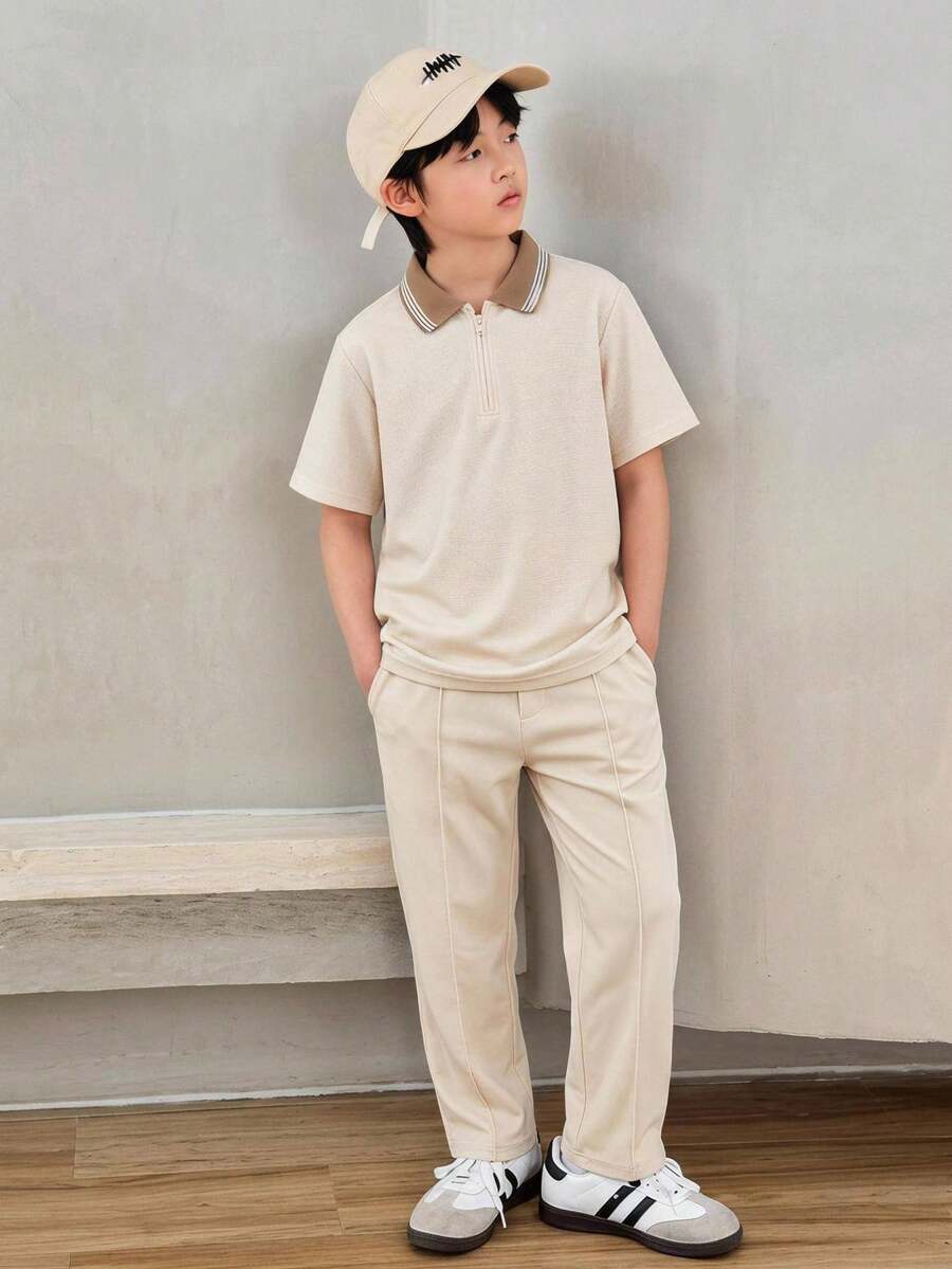 SHEIN 兒童青少年男童休閒寬鬆版型標準肩寬素色 Polo 衫與長褲 2 件組,適合通勤、上學、日常休閒出遊、運動、春夏、畢業 - 杏色 - 查看 1