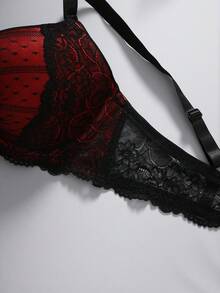 EmpressEnvy 2pcs/Set Plus Size Women Contrast Lace Minimalist Underwire Bra Lingerie, Lift - Multicolor - View 4