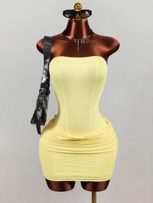 BamGleam Women Summer Solid Pale Yellow Strapless Corset Bodycon Mini Dress Ruched Wrap Hem Sexy Night Out Club Party Beach Photo Outfit - Yellow - View 4