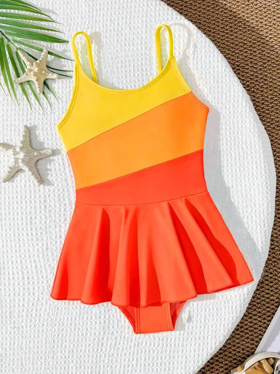 SHEIN Young Girl Color Block Spaghetti Strap One-Piece Swimsuit, Suitable For Beach Vacation, Pool Party, Beach Party - Orange - View 1