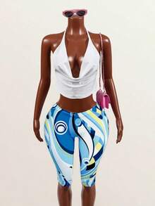 Mistrie Pantalones cortos de mujer para uso diario casual, de verano, deportivos, con estampado geométrico multicolor, cintura baja elástica, control de abdomen, levantamiento de glúteos y efecto adelgazante - Multicolor - Ver 7