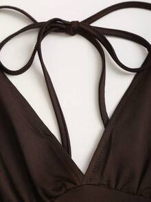 Sweetra Women's New Fashion Versatile Knit V-Neck T-Shirt, Waist Drawstring, Front & Back V-Neck, Shoulder Sleeve Design - Brown - View 6