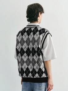 Sonviro 男士休闲撞色菱形针织背心，几何图案V领毛衣背心，冬季 - 灰色 - 查看 2