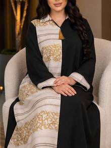 Al Najma 大码女士阿拉伯印花宽松长裙，适合春秋季休闲穿着和聚会。 - 黑色 - 查看 1