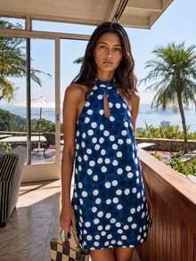 Nöista Navy Polka Dot Halter Mini Dress With High Neck And Keyhole Cutout Is A-Line Shape.Perfect For Summer Parties, Dinners, Nights Out, Spring - Blue - View 6