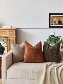 Cirelle 1 buah Sarung Bantal Lempar Chenille Bertekstur Lembut, Sarung Bantal Dekoratif Tenun Slub Cokelat Kopi Polos untuk Sofa - Coffee Brown - View 6