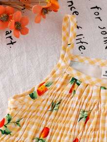 SHEIN Vintaside Kids 女嬰夏季兩件套，黃橘格紋與橘色印花無袖上衣搭配同款長褲，清新田園風，適合海邊度假、公園出遊、日常穿著、舞蹈日穿搭 - 黃色 - 查看 5