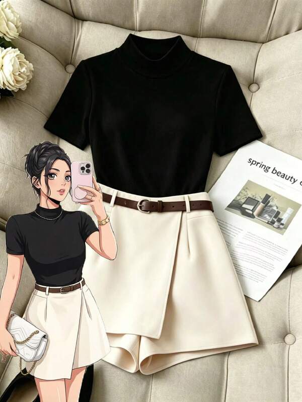 GlowEve CURVE Plus Size Women's Solid Color Stand Collar Short Sleeve Top And Skort Casual Daily Two Pieces Set