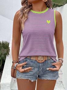 EMERY ROSE Camiseta de tirantes casual versátil de talla grande para mujer, nueva y de exitosa para primavera/verano, con estampado de rayas y patrón de corazones pequeños - Multicolor - Ver 4