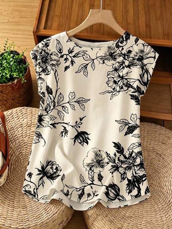 Rusticease Casual French Elegant Minimalist Women Round Neck Shirt Suitable For Summer Brunch Dinner Date Chic Blouses Teachers' Day White Floral