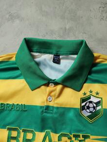 ROMWE MEN Men's World Cup Brazil Team Embroidered Pattern Striped Loose Fit Polo Shirt - Multicolor - View 4