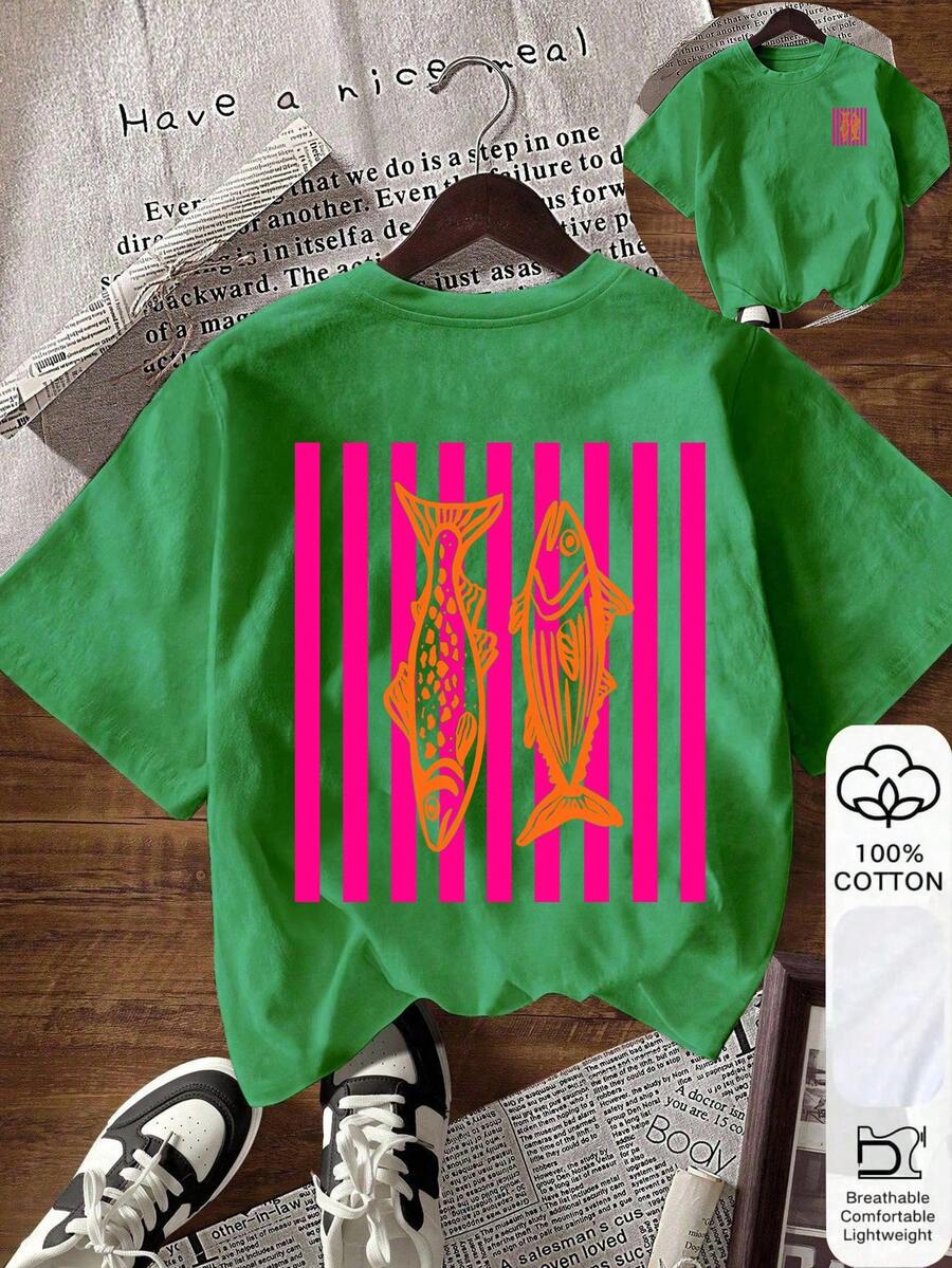 EMERY ROSE Women's Striped Fish Print Round Neck Short Sleeve Casual T-Shirt - Dark Green - View 1