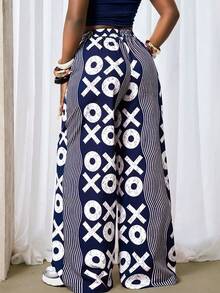BamGleam Fashionable Casual Commuter City Break Vacation Wave Pattern Symbol Print Wide Leg Long Pants Navy Blue And White Autumn Vacation - Multicolor - View 3