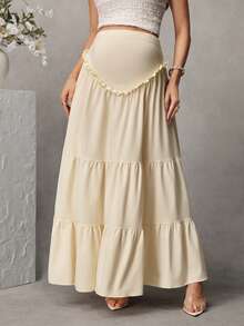 Momance Off-White Maternity Skirt, High Waist Belly Support Design, Multi-Layer Ruffle Patchwork, Flowy Chiffon Material, Loose Cake Hem,  Fall, Baby Shower - Apricot - View 4