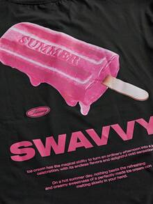 SWAVVY 男士夏季休閒寬鬆短袖標準尺寸圓領黑色正反面熱轉印印花T恤 - 黑色 - 查看 5