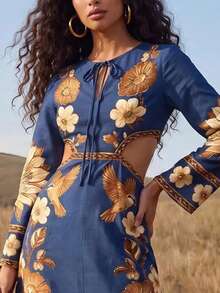 CAJUNI Elegant Winter Dress With Long Sleeves And A Waist Cutout, Floral Print - Multicolor - View 6